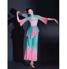 Blue pink gradient chinese folk classical dance costumes for women girls hanfu oriental Asia theme dance Jiaozhou Yang song fan dance umbrella dance set